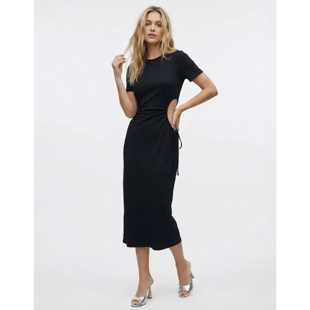 NWT FORE Dress Small Black Side Cutout Midi Short Sleeve Tie Waist Party Club
